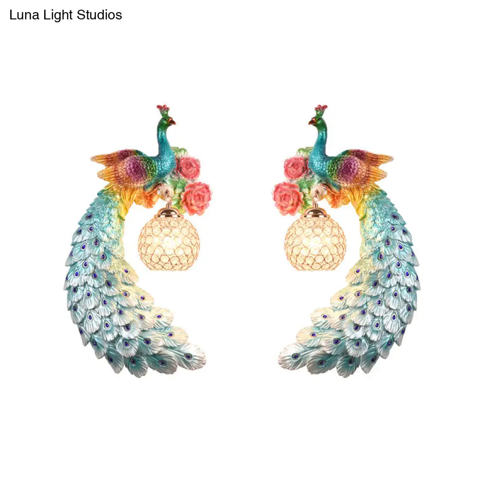 Blue/Green Peacock Wall Light Fixture - 1/2-Pack Retro Style Resin Lamp With Crystal Global Shade