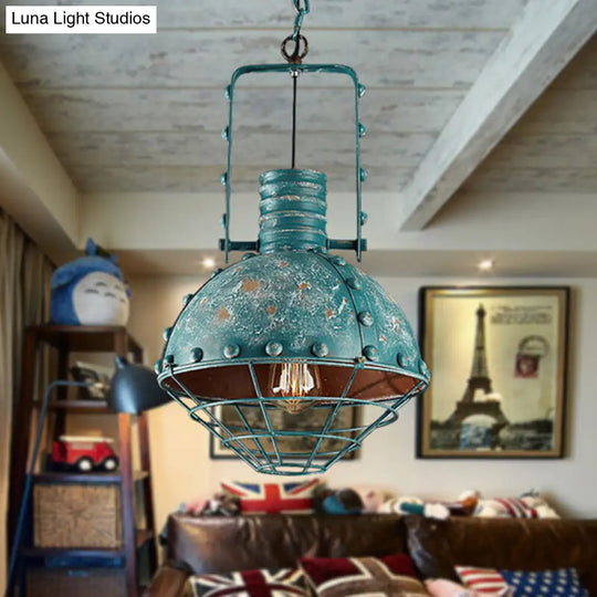 Rustic Wire Cage Pendant Lamp - Blue-Green Down Lighting Dining Room