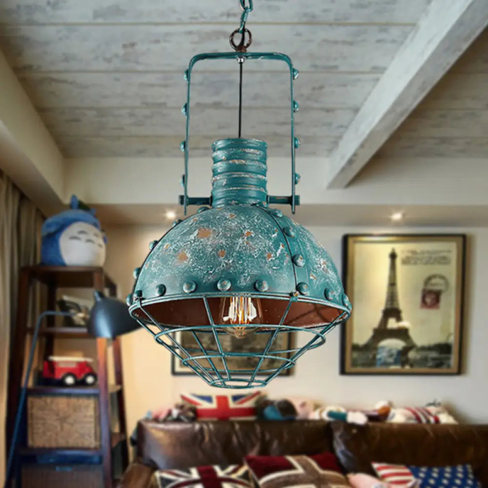Blue-Green Wire Cage Pendant Lamp - Rustic Down Lighting With Metallic Finish For Dining Room
