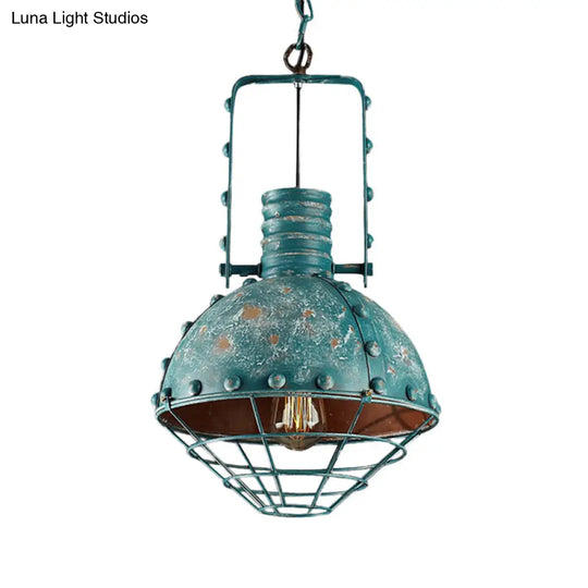 Blue-Green Wire Cage Pendant Lamp - Rustic Down Lighting With Metallic Finish For Dining Room