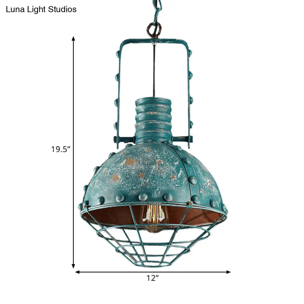 Blue-Green Wire Cage Pendant Lamp - Rustic Down Lighting With Metallic Finish For Dining Room