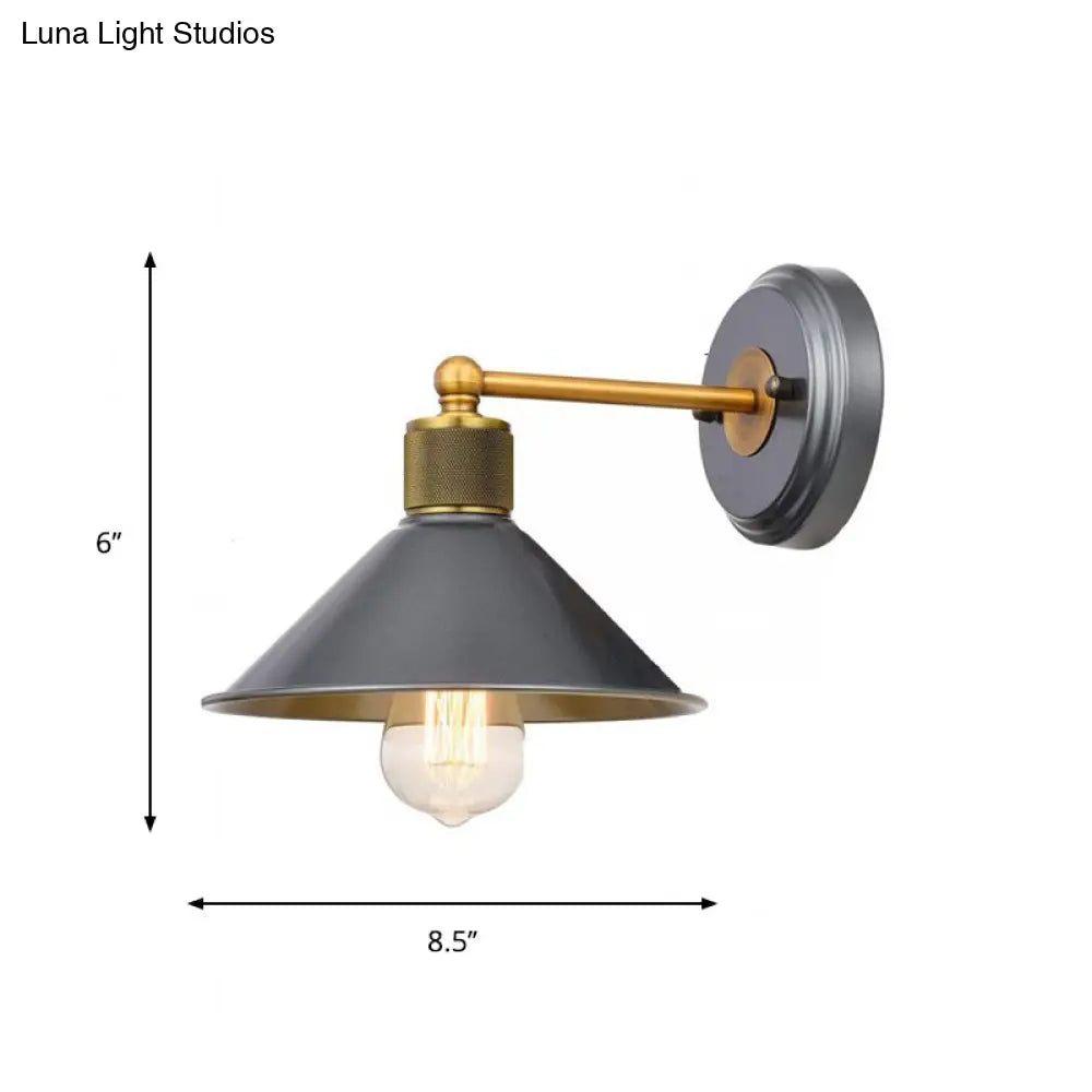 Blue-Grey Aluminum Conic Wall Light Fixture With Brass Arm - 1 Head Sconce Lamp For Living Room