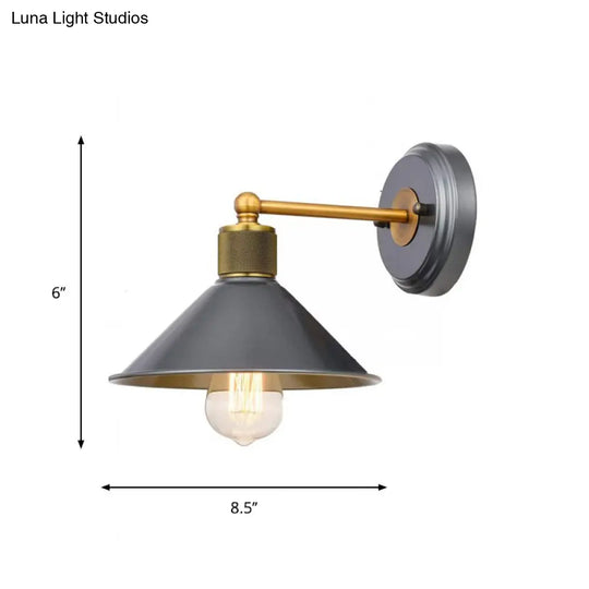 Blue-Grey Aluminum Conic Wall Light Fixture With Brass Arm - 1 Head Sconce Lamp For Living Room