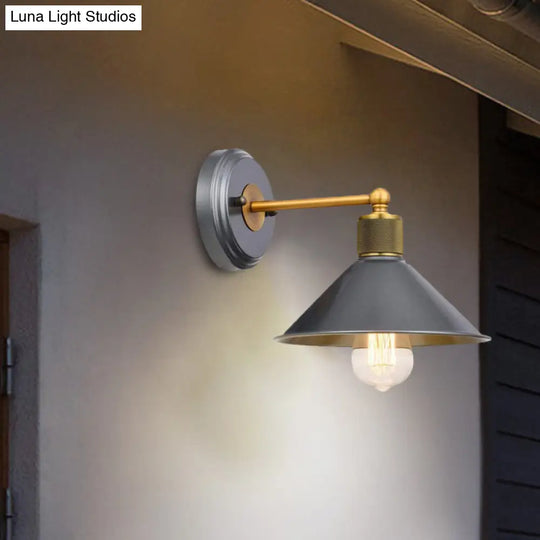 Blue-Grey Aluminum Conic Wall Light Fixture With Brass Arm - 1 Head Sconce Lamp For Living Room