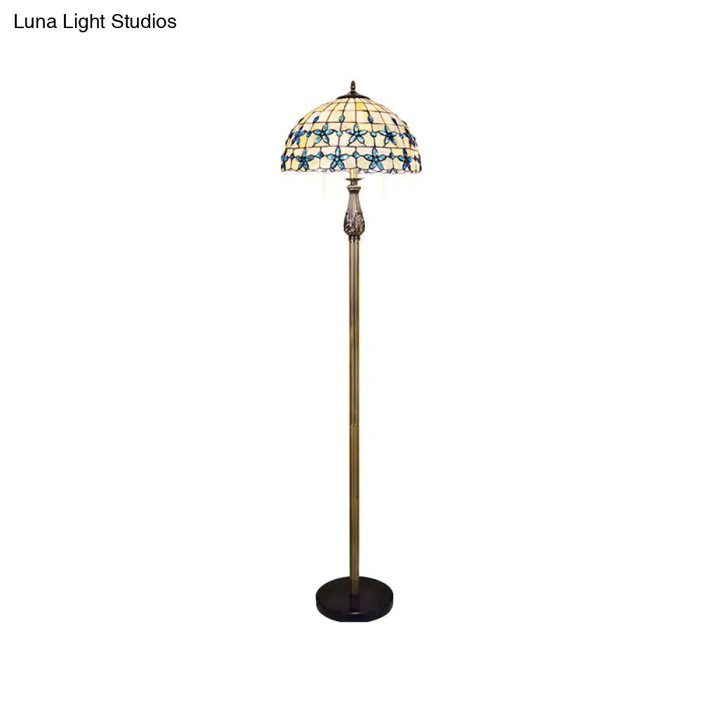 Blue Grid Dome Shell Baroque Floor Lamp With 2 Heads And Floret Pattern