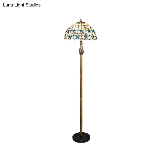 Blue Grid Dome Shell Baroque Floor Lamp With 2 Heads And Floret Pattern