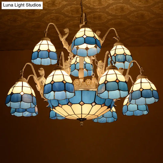 Blue Grid Pattern Tiffany Pendant Light With 15 Stained Glass Chandelier Lights And Mermaid