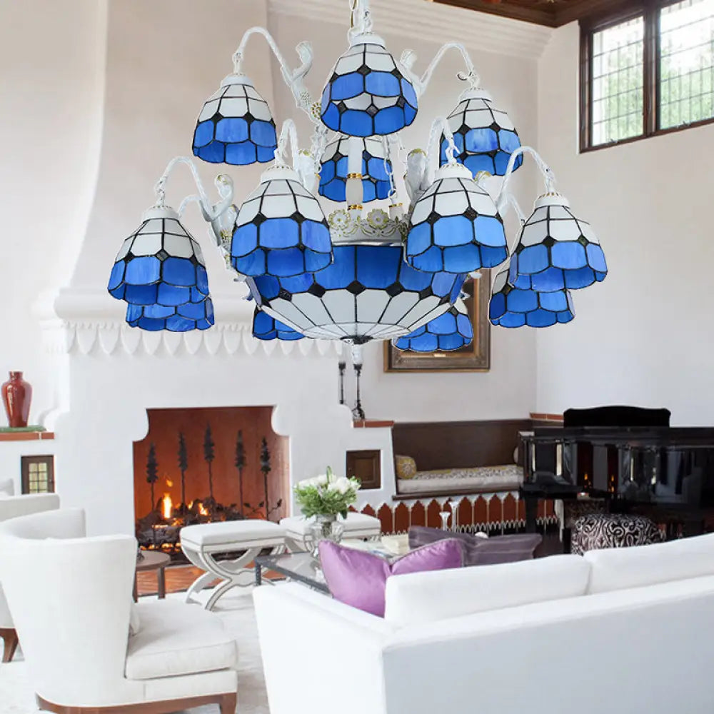 Blue Grid Pattern Tiffany Pendant Light With 15 Stained Glass Chandelier Lights And Mermaid