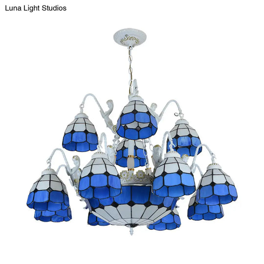 Blue Grid Pattern Tiffany Pendant Light With 15 Stained Glass Chandelier Lights And Mermaid