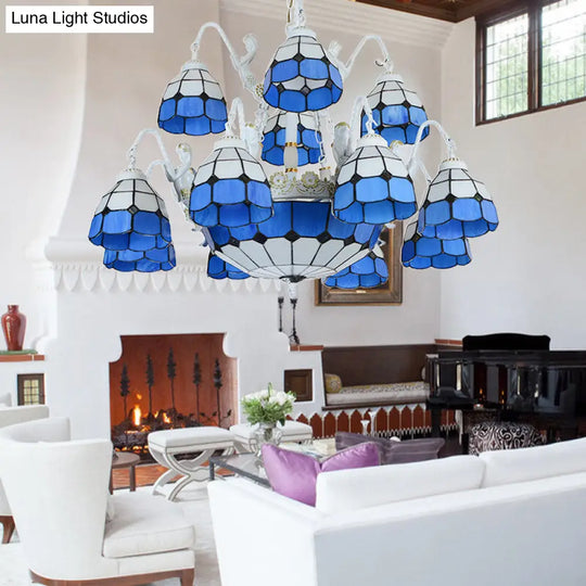 15-Light Blue Grid Tiffany Stained Glass Chandelier With Mermaid Décor