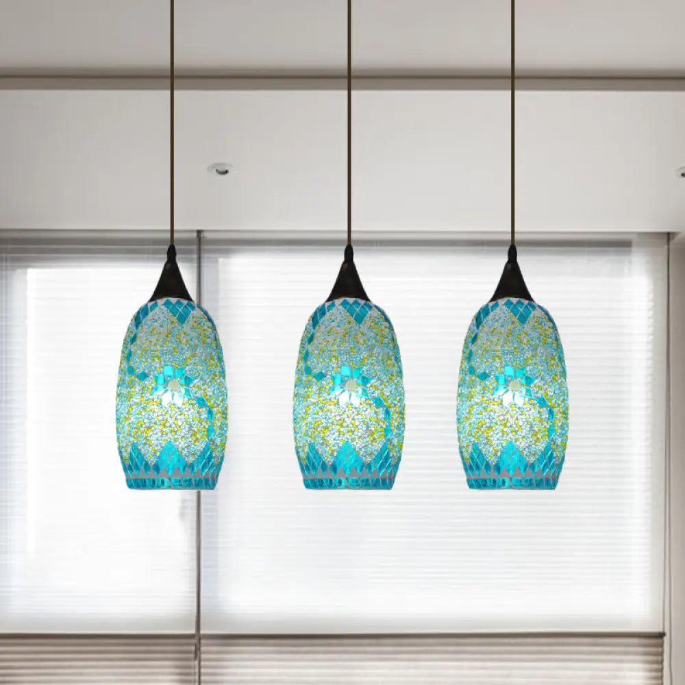 Blue Hand-Cut Glass Elliptical Pendant Tiffany Light Fixture - 3 Heads Black Multi Design