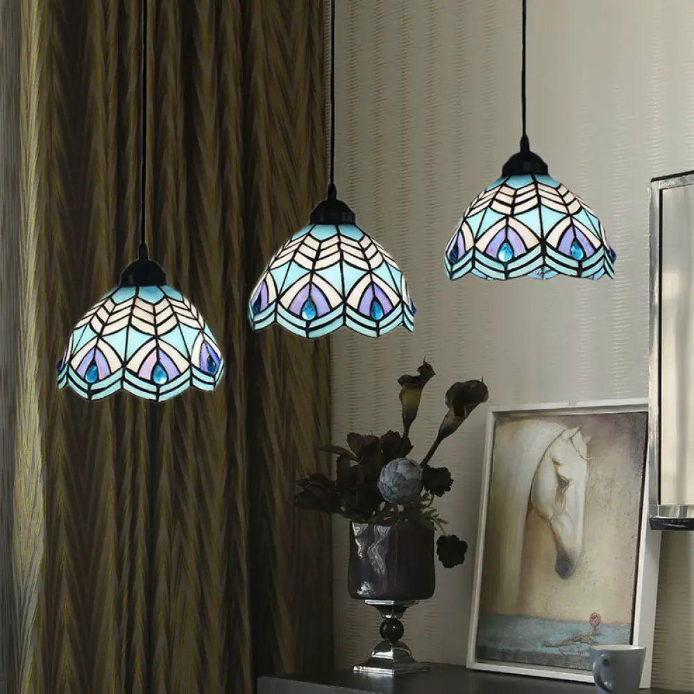 Blue Hand-Cut Glass Pendant Light With Mediterranean Charm - 3 Head Hemisphere Cluster Round/Linear