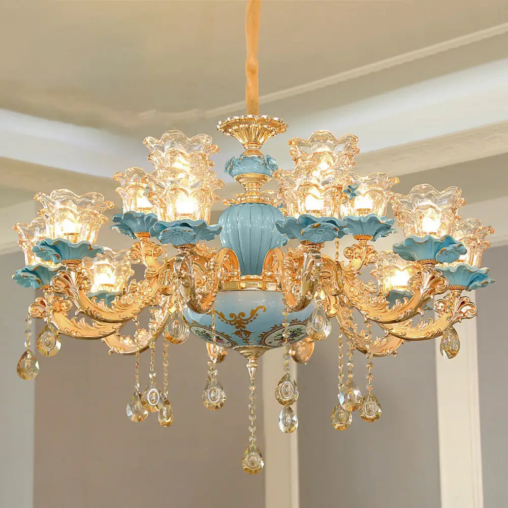 Blue Handblown Glass Chandelier: Classic Floral Pendant With Crystal Accent- Elegant Lighting 12 /