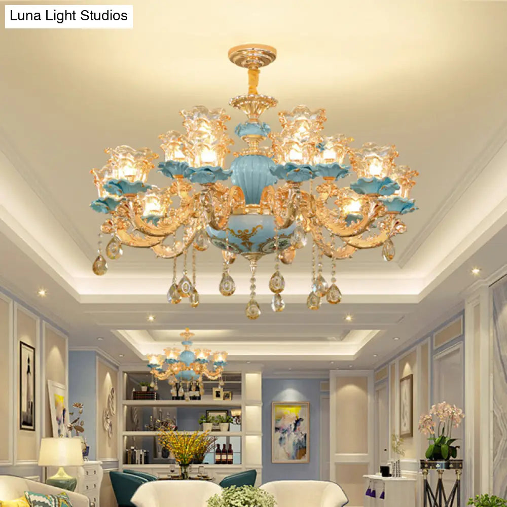 Blue Handblown Glass Chandelier: Classic Floral Pendant With Crystal Accent- Elegant Lighting