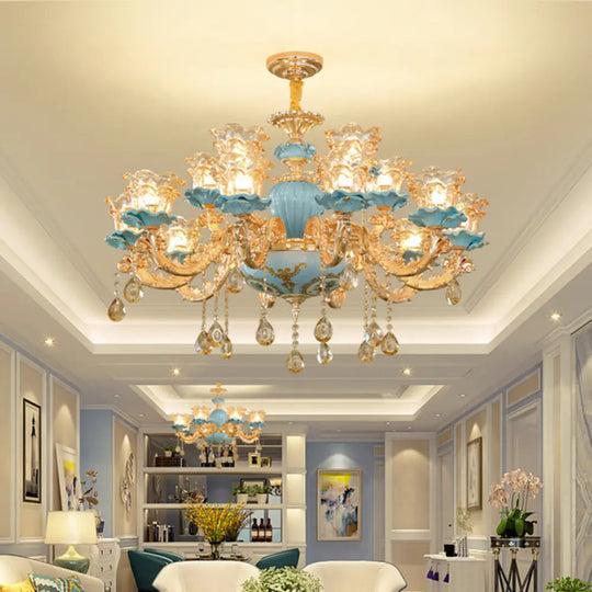 Blue Handblown Glass Chandelier: Classic Floral Pendant With Crystal Accent- Elegant Lighting 15 /