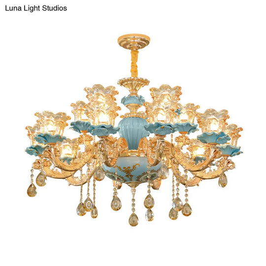 Blue Handblown Glass Chandelier: Classic Floral Pendant With Crystal Accent- Elegant Lighting