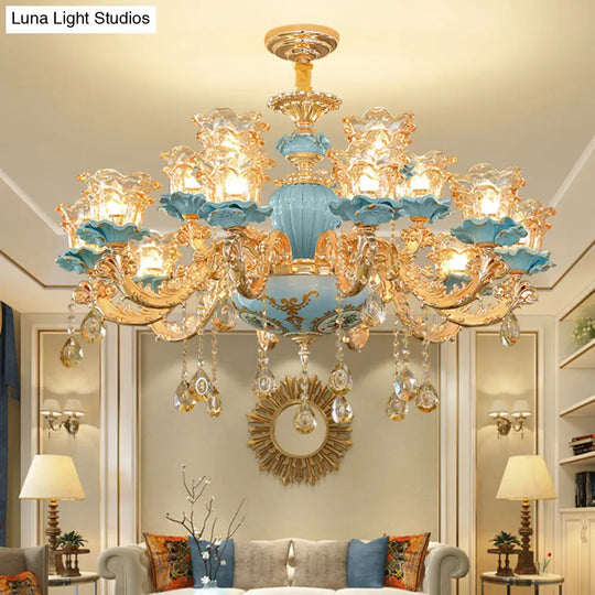 Blue Handblown Glass Chandelier: Classic Floral Pendant With Crystal Accent- Elegant Lighting