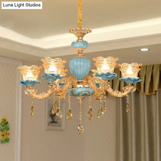 Blue Handblown Glass Chandelier: Classic Floral Pendant With Crystal Accent- Elegant Lighting