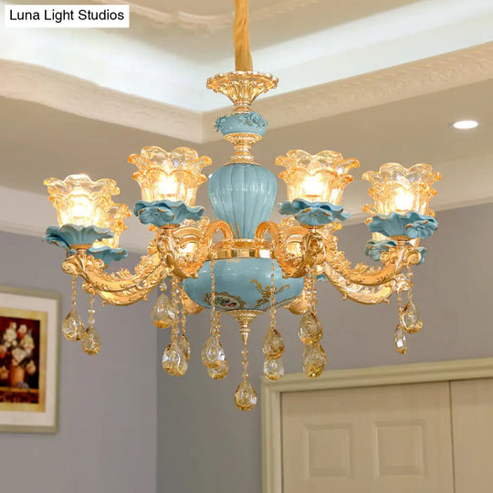 Blue Handblown Glass Chandelier: Classic Floral Pendant With Crystal Accent- Elegant Lighting