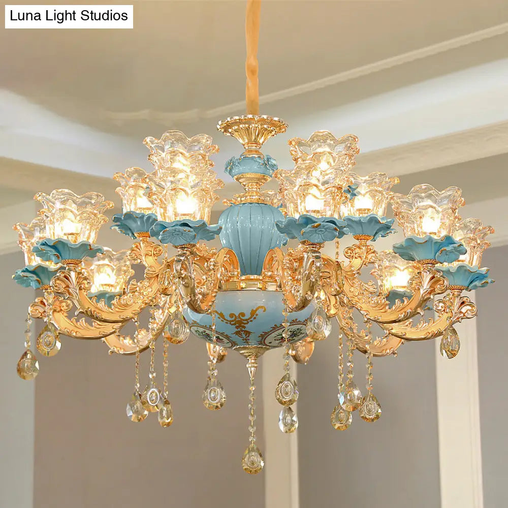 Blue Handblown Glass Chandelier: Classic Floral Pendant With Crystal Accent- Elegant Lighting