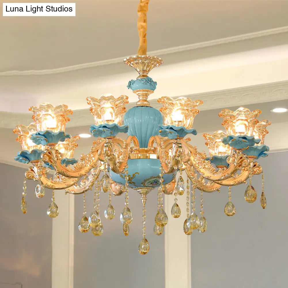 Blue Handblown Glass Chandelier: Classic Floral Pendant With Crystal Accent- Elegant Lighting