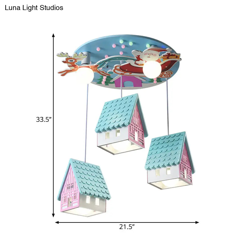 Blue House Pendant Lighting Cartoon 5-Head Wooden Ceiling Light With Santa Claus And Deer Decor