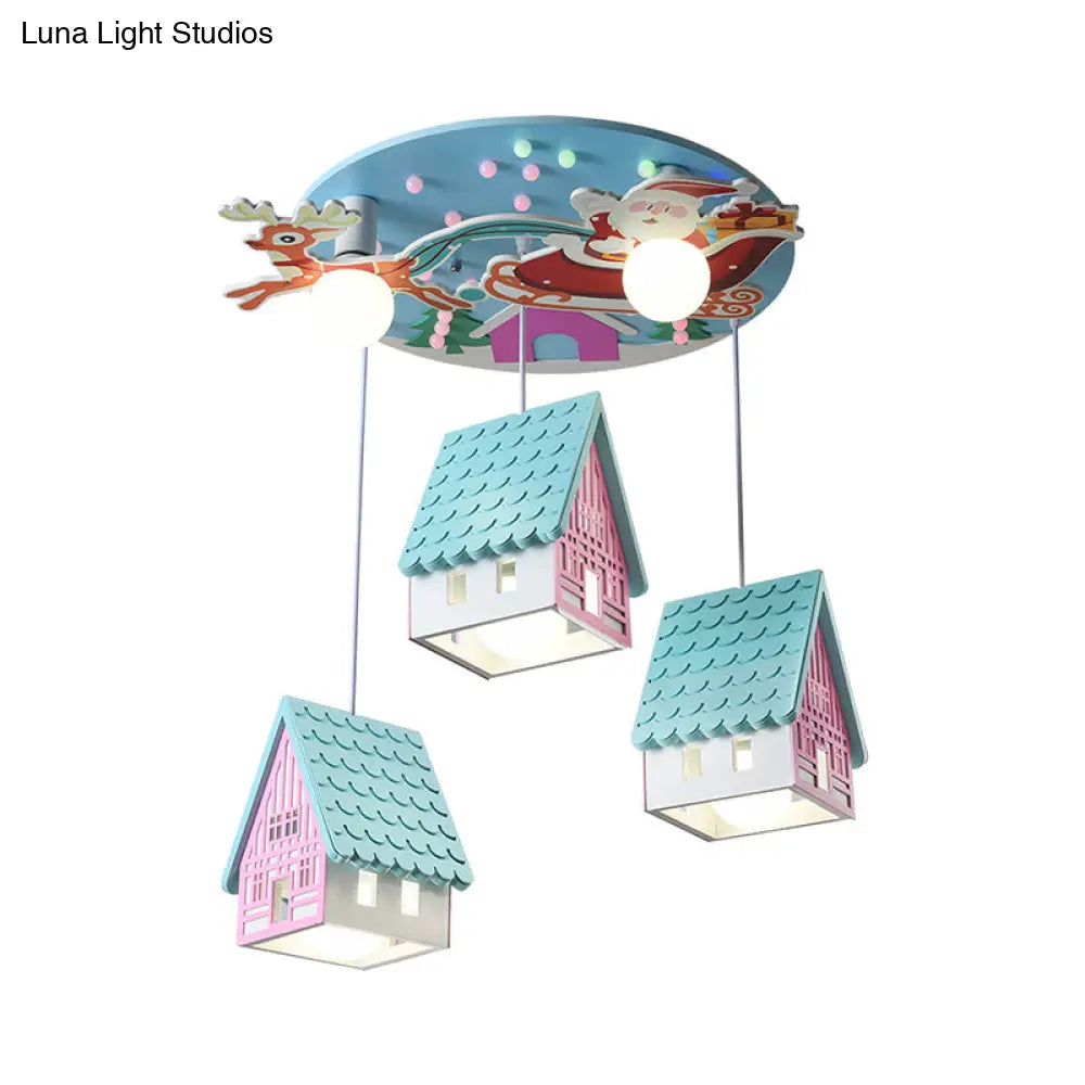 Blue House Pendant Lighting Cartoon 5-Head Wooden Ceiling Light With Santa Claus And Deer Decor