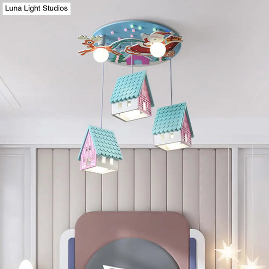 Blue House Pendant Lighting Cartoon 5-Head Wooden Ceiling Light With Santa Claus And Deer Decor