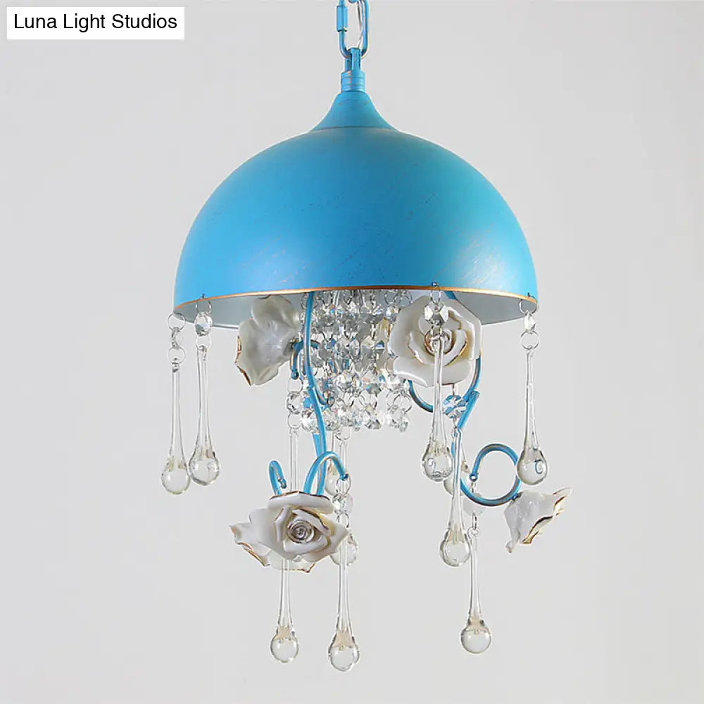 Blue Iron Pendant Lighting With Rose Decor And Clear Crystal Drop - 3 Bulbs Dome Chandelier