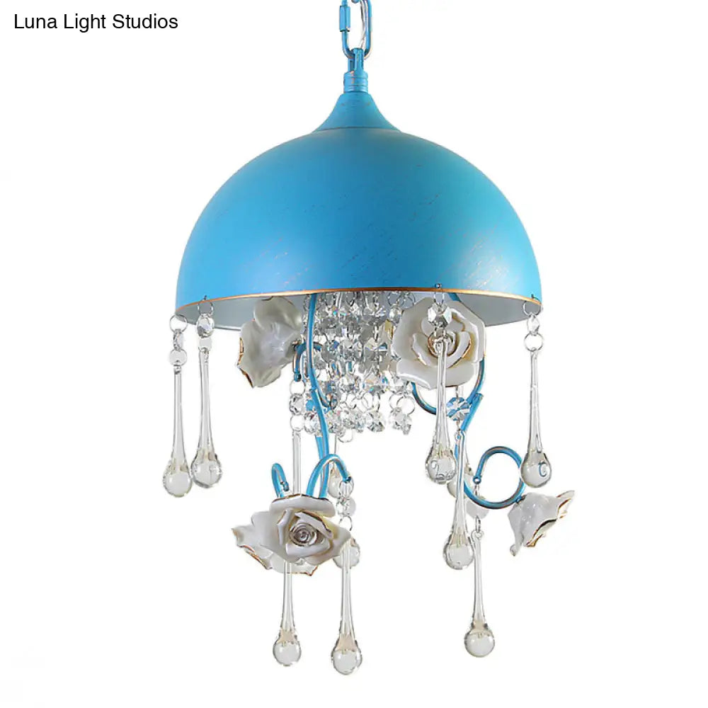 Blue Iron Pendant Lighting With Rose Decor And Clear Crystal Drop - 3 Bulbs Dome Chandelier