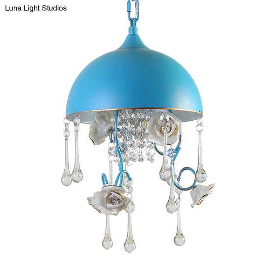 Blue Iron Pendant Lighting With Rose Decor And Clear Crystal Drop - 3 Bulbs Dome Chandelier