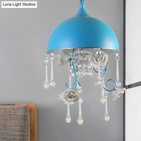 Blue Iron Pendant Chandelier With Crystal Drop And Rose Decor - Set Of 3 Bulbs