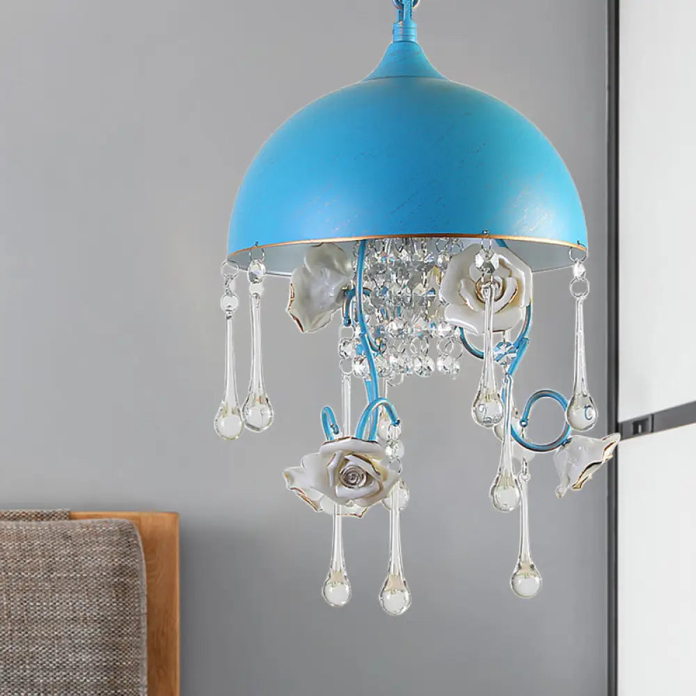 Blue Iron Pendant Lighting With Rose Decor And Clear Crystal Drop - 3 Bulbs Dome Chandelier