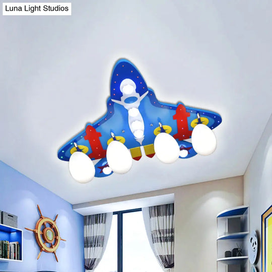 Blue Jet Flushmount Ceiling Light With Cartoon Design - 4 Bulbs White Glass Shade