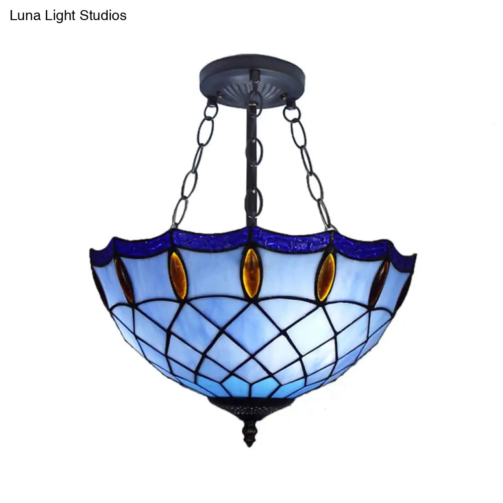 Blue Jeweled Ceiling Light For Bedroom - Semi Flush Mount With Chain And Art Glass Shade 2-Light