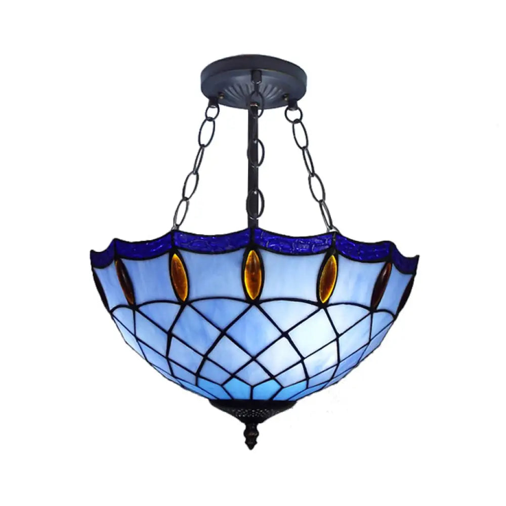 Blue Jeweled Ceiling Light: Bedroom Semi Flush Mount With Art Glass Shade 2 Lights & Chain