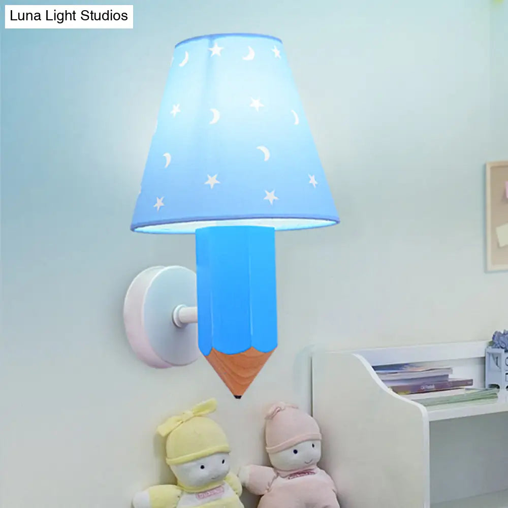 Blue Kids Pencil Wooden Wall Sconce With Conic Lamp Shade - Single-Bulb Light Fixture