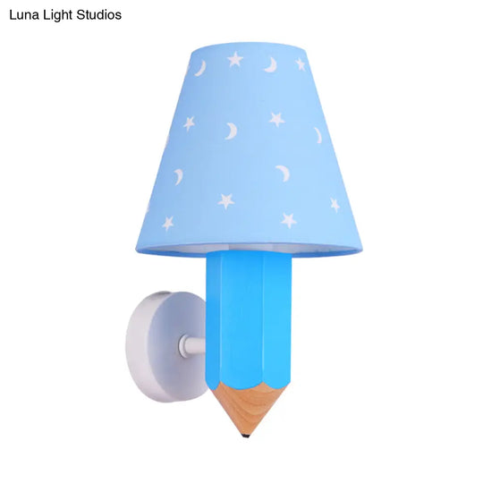 Blue Kids Pencil Wooden Wall Sconce With Conic Lamp Shade - Single-Bulb Light Fixture