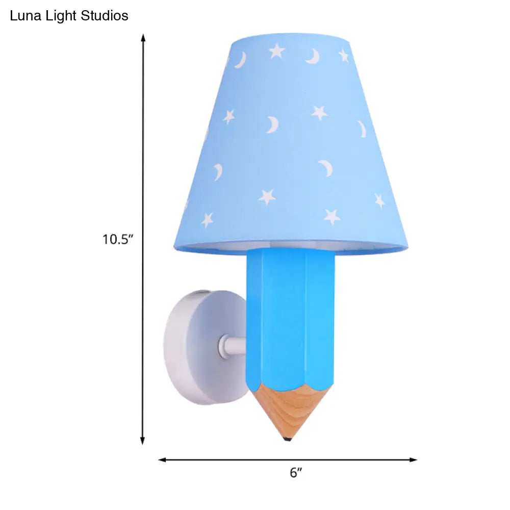 Blue Kids Pencil Wooden Wall Sconce With Conic Lamp Shade - Single-Bulb Light Fixture