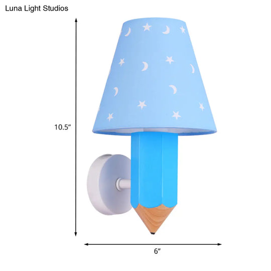 Blue Kids Pencil Wooden Wall Sconce With Conic Lamp Shade - Single-Bulb Light Fixture