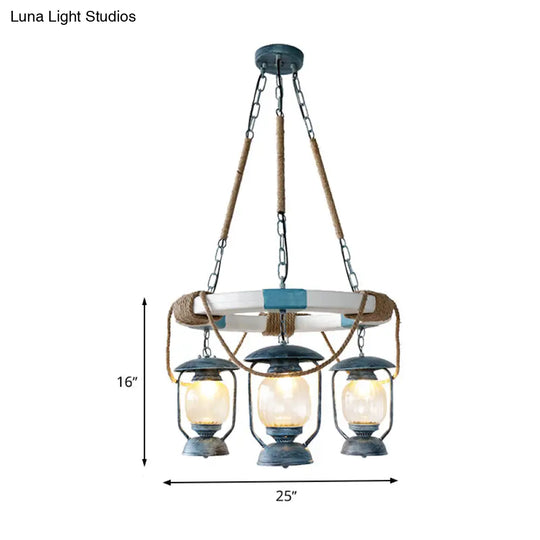 Blue Lantern Chandelier With 3 Clear Glass Lights - Hanging Light Fixture From Factory