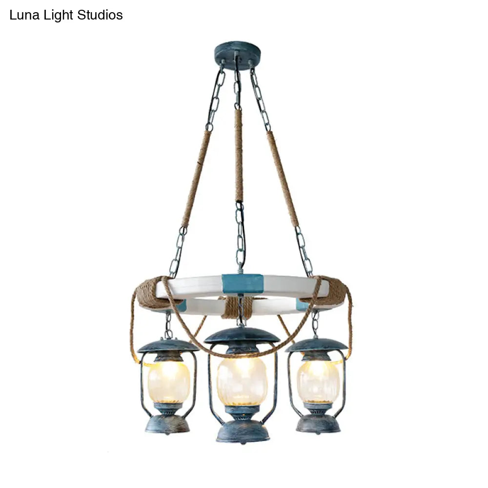 Blue Glass Lantern Chandelier - 3-Light Hanging Fixture From Lighting Factory