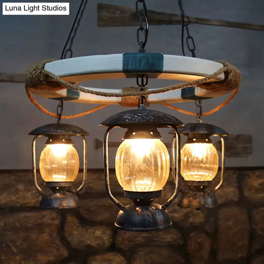 Blue Lantern Chandelier With 3 Clear Glass Lights - Hanging Light Fixture From Factory