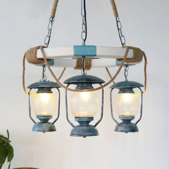 Blue Lantern Chandelier With 3 Clear Glass Lights - Hanging Light Fixture From Factory