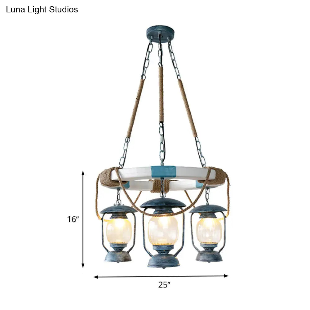 Blue Glass Lantern Chandelier - 3-Light Hanging Fixture From Lighting Factory