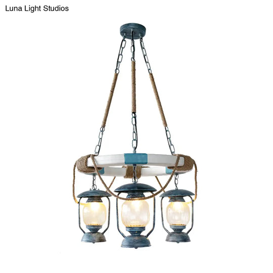 Blue Lantern Chandelier With 3 Clear Glass Lights - Hanging Light Fixture From Factory