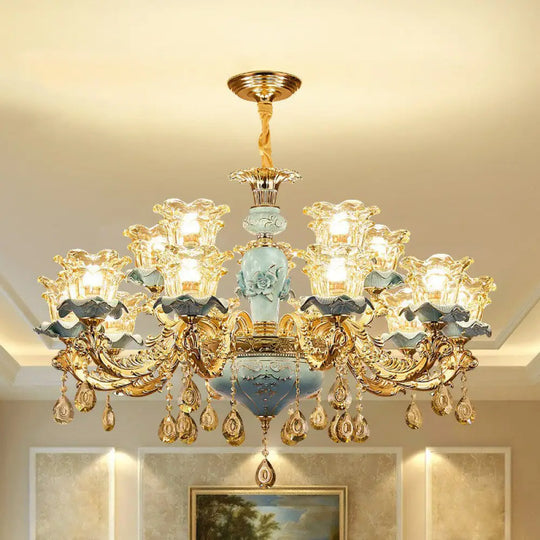 Blue Layered Flower Chandelier - Traditional Bedroom Suspension Light With Clear Crystal Glass 15 /