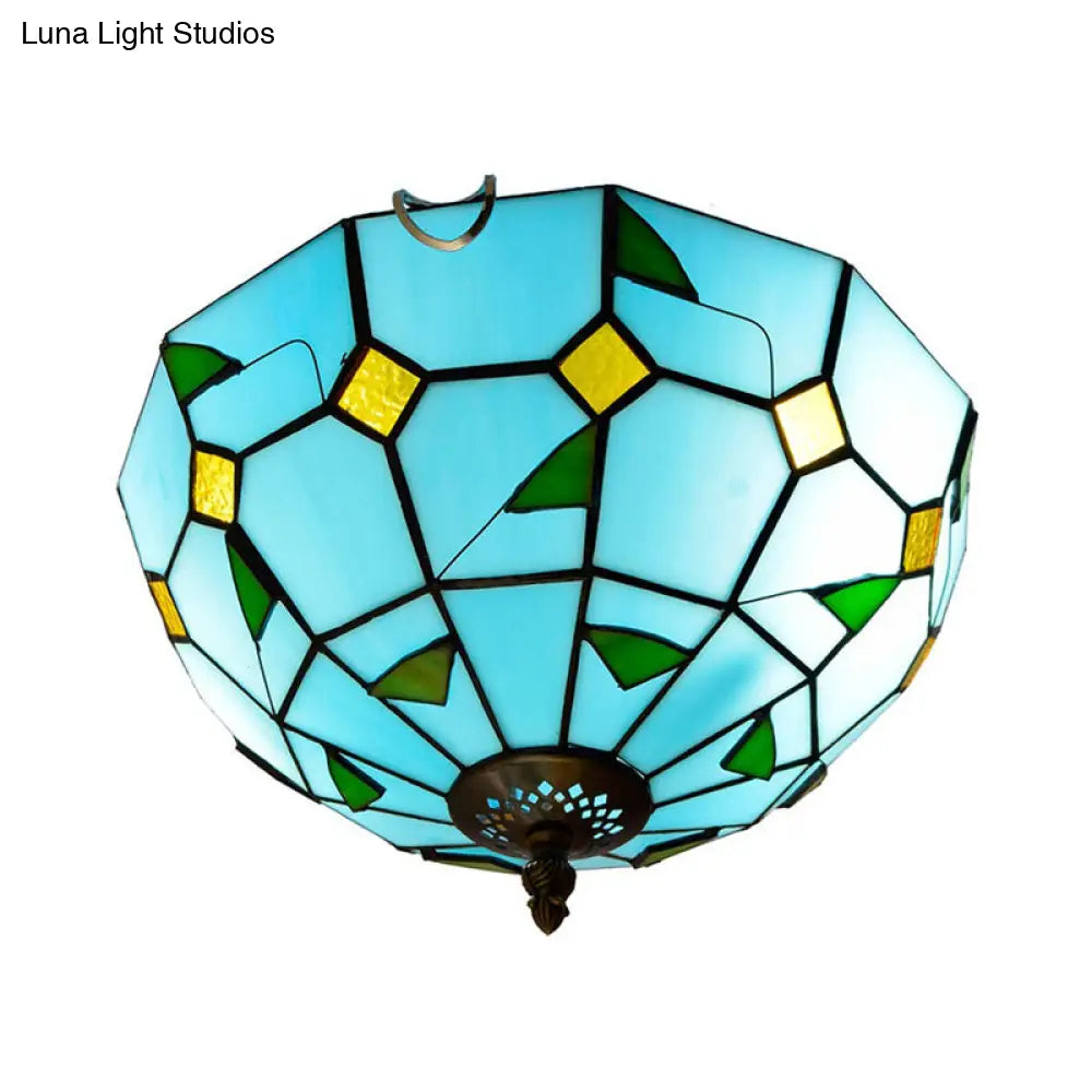 Blue Leaf Flush Ceiling Light Tiffany Stained Glass Lamp - 12/16 Wide 2/3 Lights