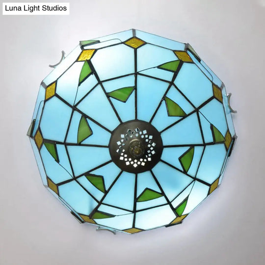 Blue Leaf Flush Ceiling Light Tiffany Stained Glass Lamp - 12/16 Wide 2/3 Lights