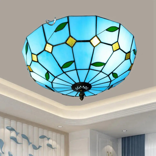 Blue Leaf Flush Ceiling Light Tiffany Stained Glass Lamp - 12’/16’ Wide 2/3 Lights / 12’